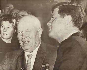 1961, June 4. CA. Vienna, Austria. KHRUSHCHEV WITH KENNEDY. Soviet Premier Nikita S. Khrushchev with the US President John F. Kennedy at the summit conference, where the two leaders discussed the problems of nuclear disarmament, Berlin, and Laos. AP Wirephoto (Front)