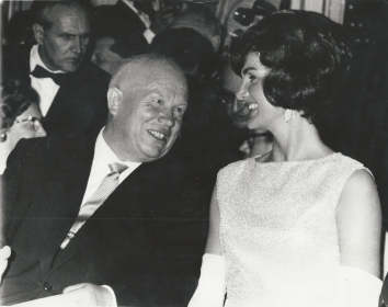 1961, June 4. EA. Vienna, Austria. IN VIENNA: Soviet Premier Khrushchev admires Mrs. John F. Kennedy at the dinner during historic Vienna Summit AP Photo (Front)