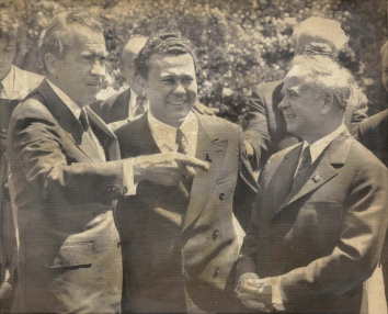 1974, May 28. BA. Washington, District of Columbia. TOUR OF THE GARDEN. U.S. President Nixon and Chairman of the Council of Ministers of the Ukrainian Republic A. P. Lyashko (right) at the White House Rose Garden. Lyashko and seven other Soviet Governors came to the U.S. for the National Governors Conference. AP Wirephoto (Front)