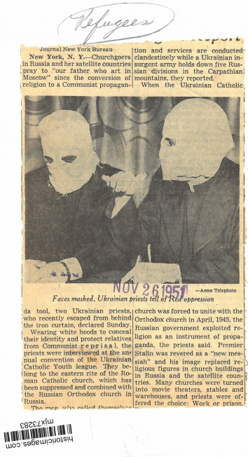 1951, November 26. BB. New York, New York. Faced masked, Ukrainian priests tell of Red oppression. Acme Telephoto (Back)