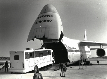 1992, April 9. AA. Milwaukee, Wisconsin. One of two 36-foot-long vans equipped for medical and dental care is loaded onto Antonov-124 