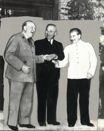 1945, July 23. DA. Potsdam, Germany. ALLIED UNITY! - Prime Minister Churchill, President Truman, and Premier Stalin. ACME Telephoto by Signal Corps Radiotelephoto (Front)
