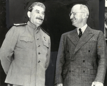 1945, July 17. CA. Potsdam, Germany. Stalin and Truman were all smiles at Potsdam conference. (Front)