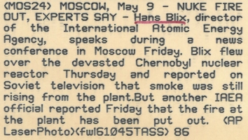 1986, May 9. CB. Moscow, Soviet Russia. NUKE FIRE OUT, EXPERTS SAY - Hans Blix, director of the International Atomic Energy Agency, speaks during a news conference in Moscow Friday. Blix flew over the devasted Chernobyl nuclear reactor Thursday and reported on Soviet television that smoke was still rising from the plant. But another IAEA official reported Friday that the fire at the plant has been put out. AP LasePhoto (Back)