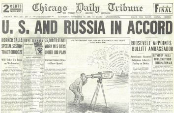 1933, November 18. BA. Chicago Daily Tribune. U. S. AND RUSSIA IN ACCORD. U.S. Recognises Soviet Russia and appoints the Ambassador. Chicago Daily Tribune front page