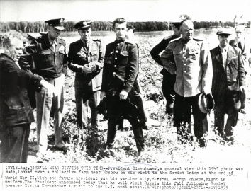 1945, August 13. FA. Moscow Oblast, Soviet Russia. HE'LL WEAR CIVVIES THIS TIME.  President Eisenhower, a general when this 1945 photo was made, looked over a collective farm near Moscow on his visit to the Soviet Union at the end of World War II. AP Wirephoto (Front)