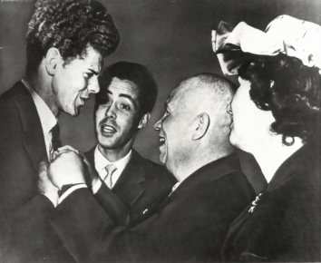 1958, April 15. AA. Moscow, Soviet Russia. KHRUSHCHEV WITH TEXAS PIANIST. Van Cliburn, left, tall Texan when won Soviet Union's International Tchaikovsky piano contest, gets unstinted congratulations of Premier and Communist Party boss Nikita Khrushchev. AP Wirephoto (Front)