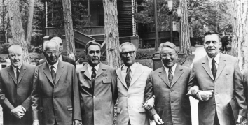 1973, July 30/31. BA. Crimea, Soviet Ukraine. Meeting of Friends in Crimea. Top leaders of the Communist countries and members of the Warsaw Pact (except Mongolia). Janos Kadar, Hungarian Premier (1956-8) and first secretary of the Communist Party (1956-88), Gustav Husak, Czechoslovakian President (1975-89), Leonid Brezhnev, Erich Honecker, Chairman of the Council of State of the East Germany (GDR), Yumsjhagiin Tsedenbal, Prime Minister of Mongolia and Alexey Nikolayevich Kosygin, Soviet Premier (1964-80). ADN-ZB/German Democratic Republic (Front)