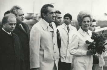 1972, May 29. EA. Kyiv, Soviet Ukraine. ARRIVAL OF PRESIDENT NIXON IN KYIV'S AIRPORT. Left to right: Chairman of Ukrainian Supreme Soviet A. Lyashko, Mr. and Mrs. Nixon. TASS (Front)