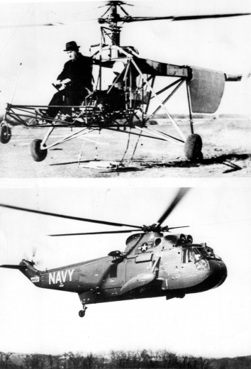 1959, September 12. AA. Stradford, Connecticut. The helicopter will be exactly 20 years old, 9/14. It was on that date in 1939 that Igor I. Sikorsky lifted the wheels of his VS-300 a few inches off the ground to record the first successful flight of a direct lift aircraft in the Western hemisphere. Sikorsky is shown (TOP) flying the VS-300 in an early test flight in September 1939. Illustrating the progress in Helicopters is a HSS-2 (BOTTOM) a modern amphibious helicopter developed as an anti-submarine weapons system for the U.S. Navy by Sikorsky Aircraft. UPI Telephoto (Front)