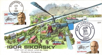 1988, June 23. AA. First day of issue commemorative envelope with dual cancel Stratford, Connecticut and unofficial New London, Connecticut with Collins handpainted cachet Picturing VS-300 in flight.