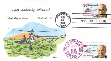 1988, June 23. AB. First day of issue commemorative envelope with dual cancel Stratford, Connecticut and Stewart Airport at Newburgh, New York with Van handpainted cachet Picturing VS-300 taking off.