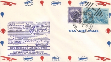1946, July 5. AA. Envelope with Bridgeport, Connecticut cancel, commemorating 20th Anniversary of the Inauguration of Regular New England Airmail Service, and the First Commercial Air Mail Delivery by Sikorsky S-51 Helicopter.