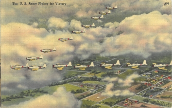 1943, July 15. CA. -- THE U.S. ARMY FLYING FOR VICTORY. Vought-Sikorsky F4U-1D “Corsair” bombers fly in "V" formation. Front of the postcard.