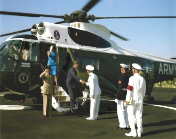 1963, July 2. AA. Naples, Italy. President John F.. Kennedy and the First Lady Jacqueline L. Kennedy arrive at Allied Forces Southern Europe (AFSOUTH), a North Atlantic Treaty Organization (NATO) military command in Bagnoli, Naples, Italy, aboard an Army One (VH-3A produced by Sikorsky Aircraft). President Kennedy greets Commander-in-Chief of AFSOUTH, Admiral James S. Russell. The President visited the NATO headquarters to attend a meeting and deliver remarks. Photo by Robert Knudsen