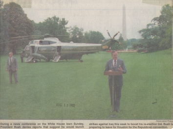 1992, August 17. AB. Washington, District of Columbia. President George H. W. Bush is speaking on the White House Lawn in front of the Marine One, a Sikorsky VH-3D Sea King helicopter (Back)