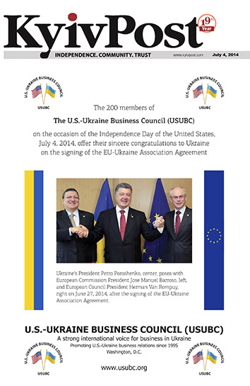 2014, July 4. CA. Kyiv Post, Kyiv, Ukraine. USUBC OFFER THEIR CONGRATULATIONS TO UKRAINE ON THE SIGNING OF THE EU-UKRAINE ASSOCIATION AGREEMENT, PUBLISHED ON JULY 4, 2014